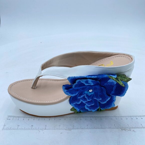 FSJ Blue Floral Cute Platform Wedge Sandal Thong Flip Flop Rhinestone Beach Shoe - Picture 2 of 8